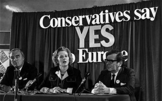 Margaret Thatcher, William Whitelaw and Peter Kirk, at a referendum conference. June 1975. Photo: Keystone/Getty Images